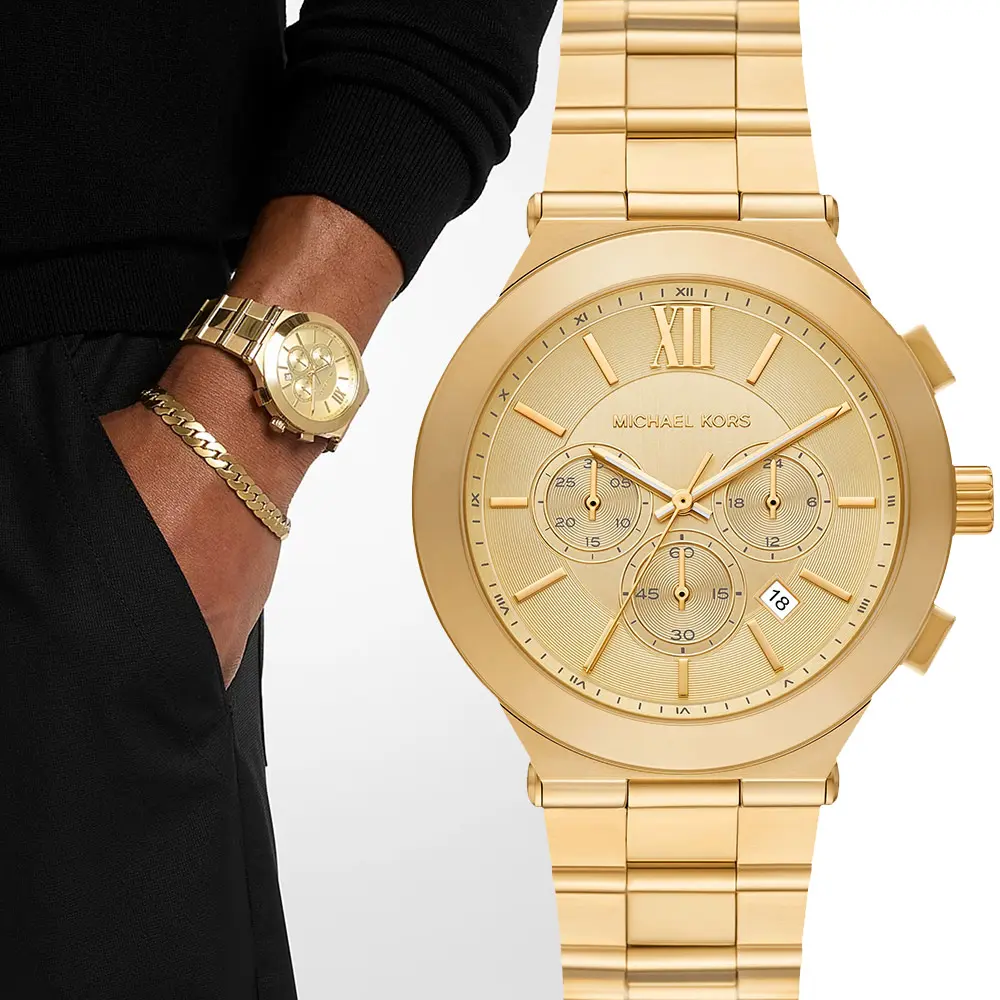 Michael Kors MK Oversized 羅馬三眼計時手錶 男錶 手鍊套組 套錶-金/44mm 送禮 禮物 推薦(MK9270SET)