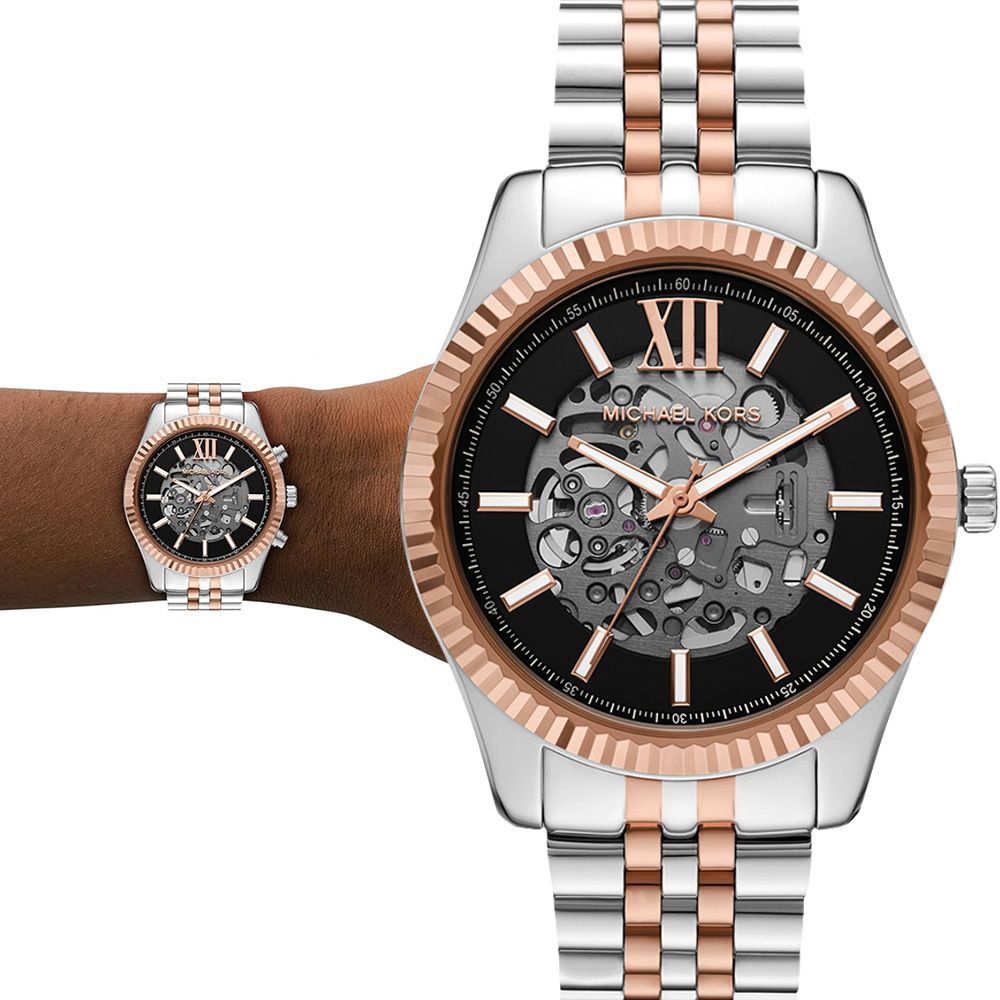 Michael Kors MK Lexington 都會時尚鏤空機械錶 男錶-黑x玫瑰金框/44mm 送禮 禮物 推薦(MK9266)