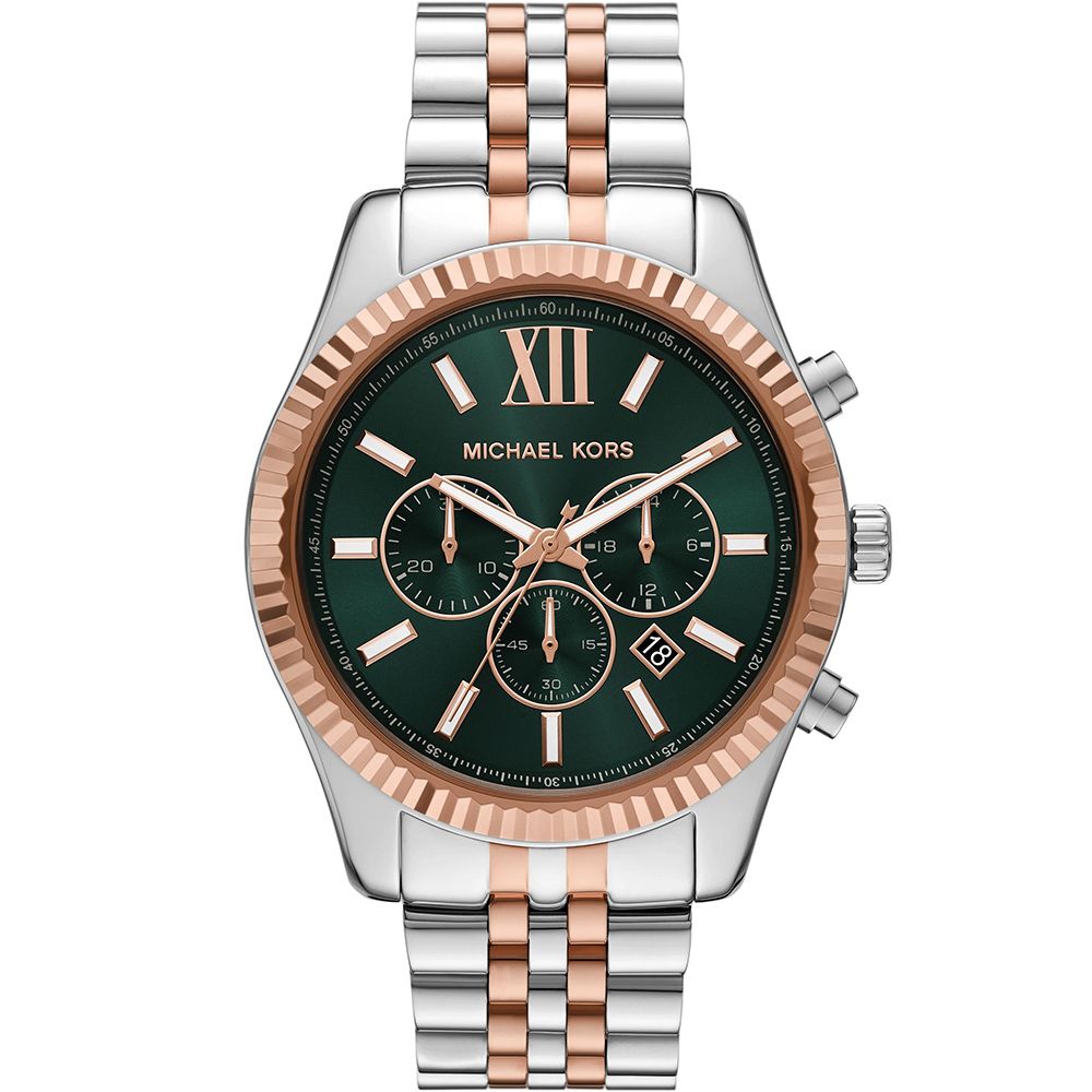 Michael Kors MK Lexington 都會三眼計時手錶 男錶-綠x玫瑰金框/44mm 送禮 禮物 推薦(MK9265)