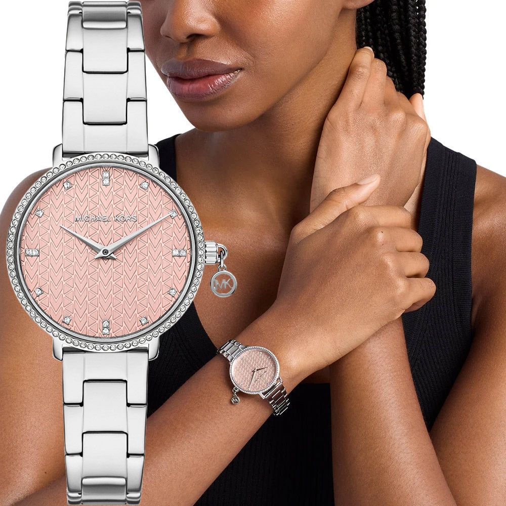 Michael Kors MK Pyper 紐約時尚晶鑽女錶-粉橘x銀/32mm 送禮 禮物 推薦(MK7617)