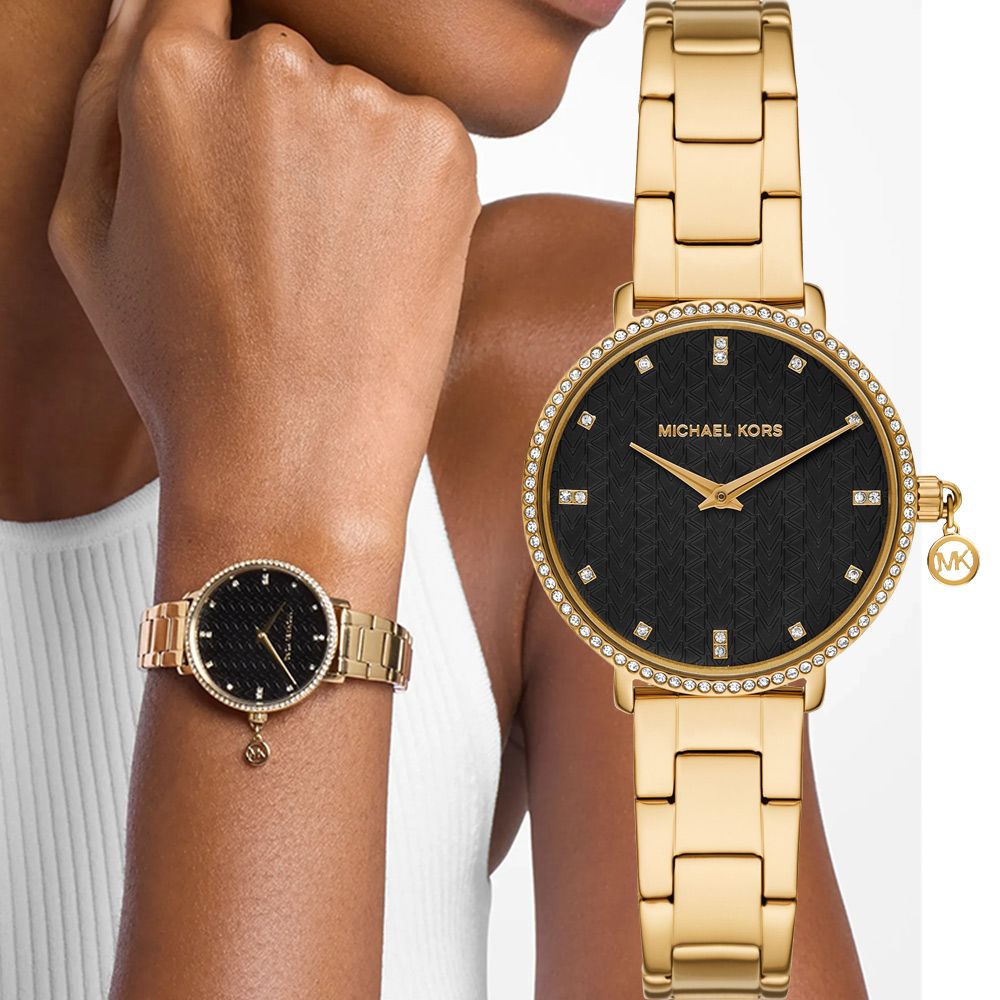 Michael Kors MK Pyper 紐約時尚晶鑽女錶-黑x金/32mm 送禮 禮物 推薦(MK7616)