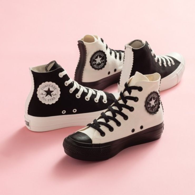 日本限定 Converse ALL STAR PLTS FLOWERCUT HI 高筒 花瓣剪裁厚底帆布休閒鞋/ 白色黑底/ 預購 24 cm
