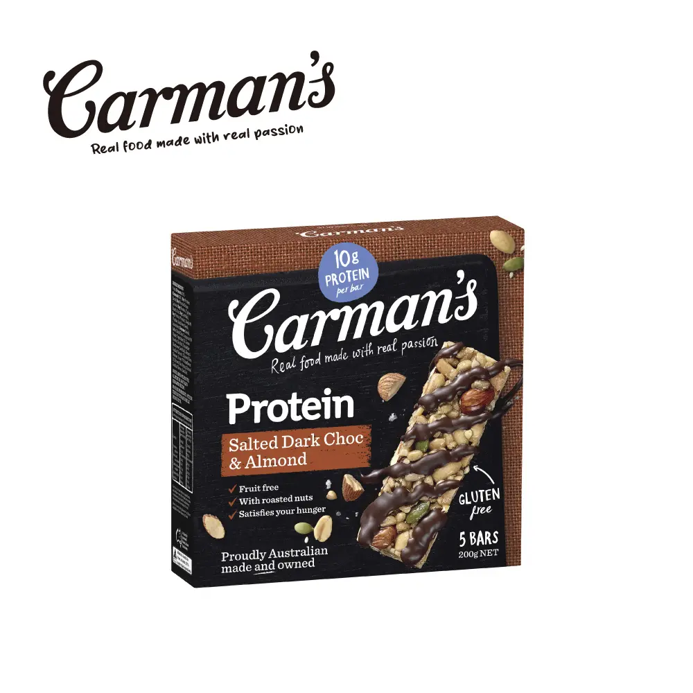 [澳洲 Carman's] 蛋白棒 (5條/盒) 200g/ 焦鹽黑可可大豆蛋白棒