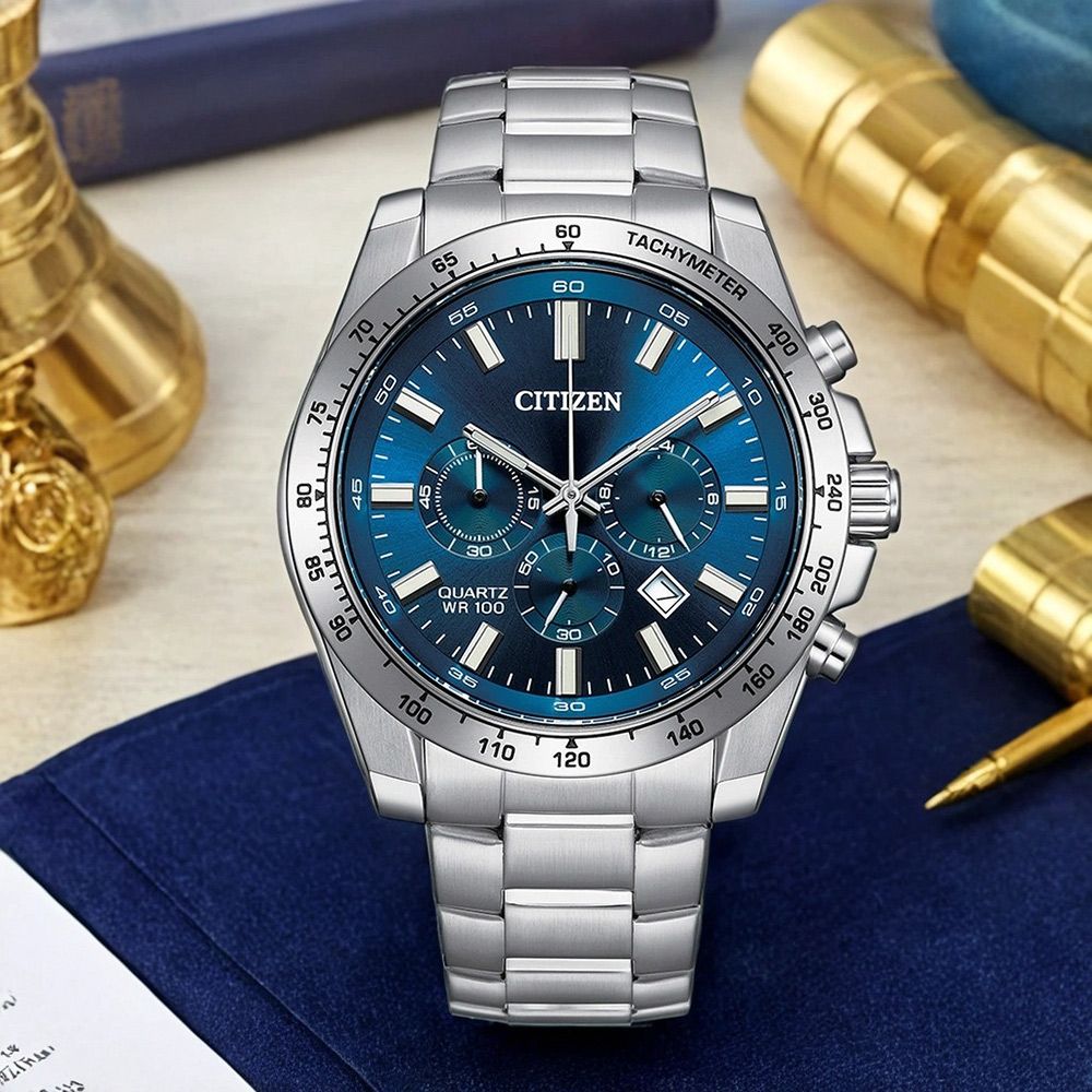 CITIZEN 星辰 Chronograph 紳男三眼計時手錶-銀x藍/44mm 送禮 禮物 推薦(AN8230-59M)