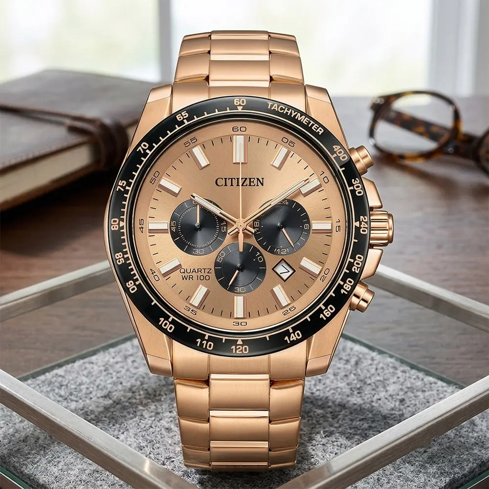 CITIZEN 星辰 Chronograph 紳男三眼計時手錶-玫瑰金x黑/44mm 送禮 禮物 推薦(AN8236-52P)