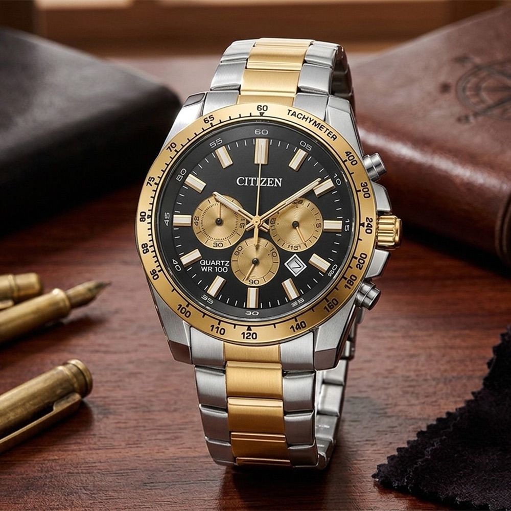 CITIZEN 星辰 Chronograph 紳男三眼計時手錶-雙色x黑/44mm 送禮 禮物 推薦(AN8234-58E)