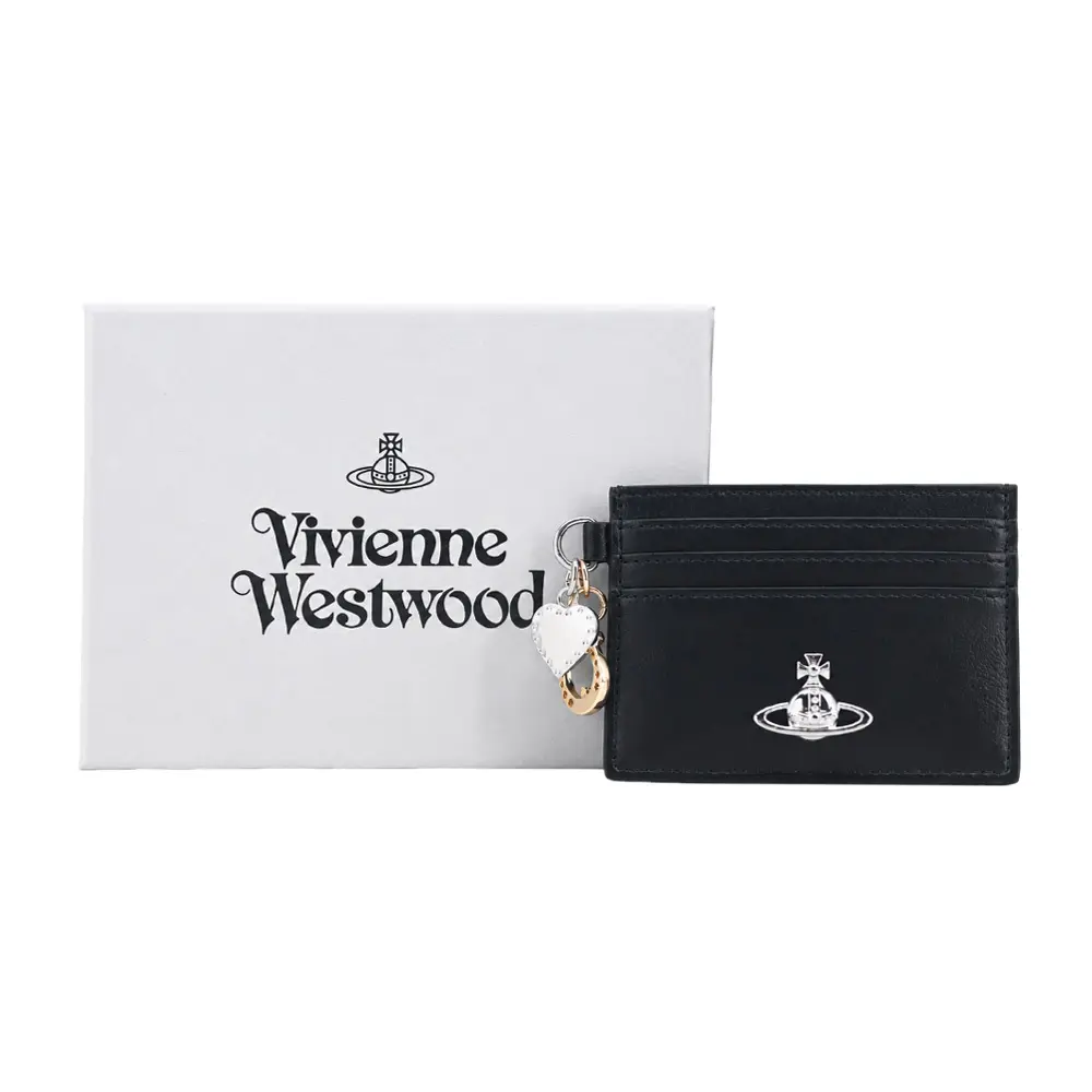 Vivienne Westwood 光面皮革愛心吊飾卡片夾-黑/平行輸入