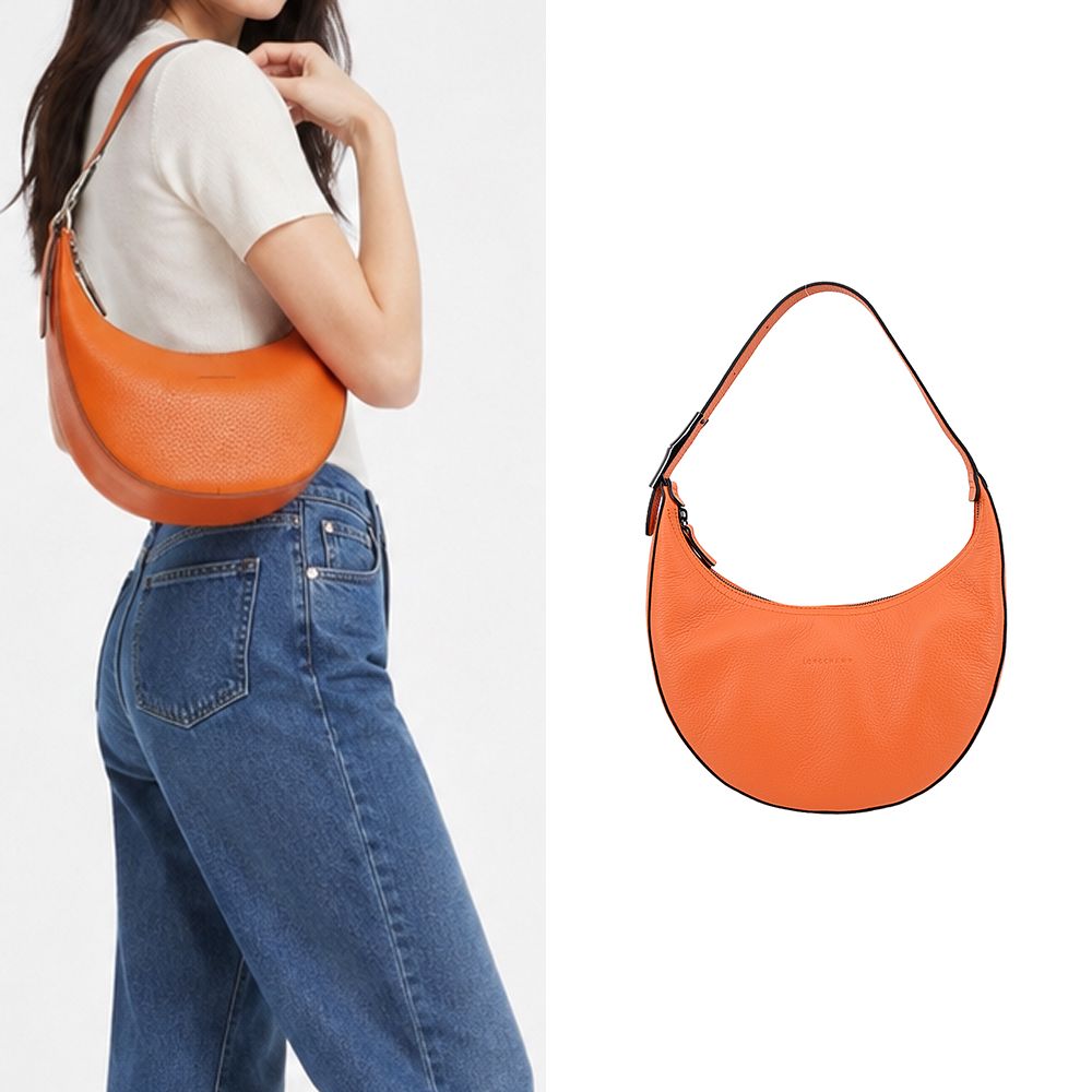 LONGCHAMP ROSEAU ESSENTIAL系列牛皮半月形單肩包(中/柳橙)/平行輸入