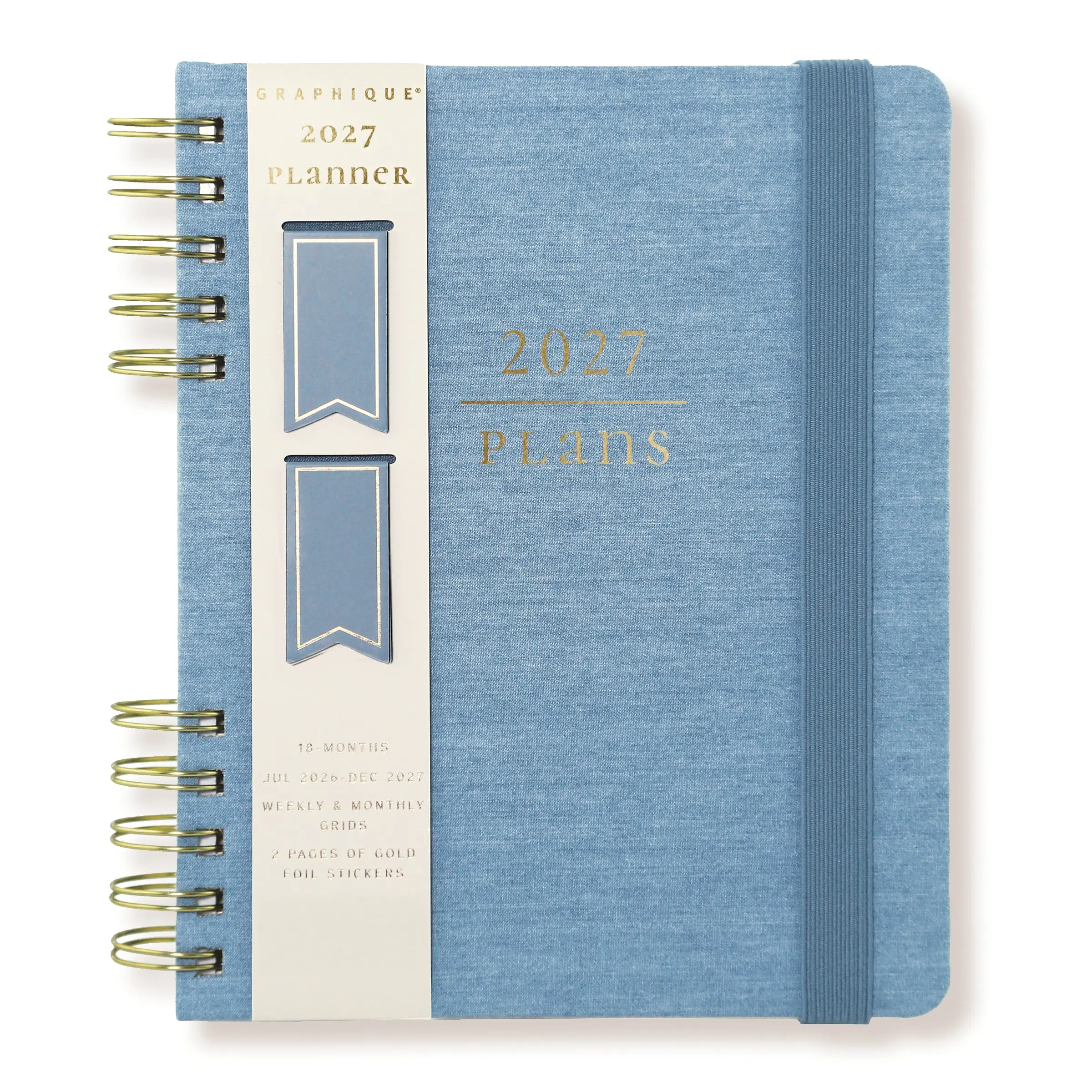 2027美國 GRAPHIQUE 18個月布面織紋環裝週計畫日誌/ 15X20CM/ 牛仔藍 (附磁性書籤2入+貼紙2張)