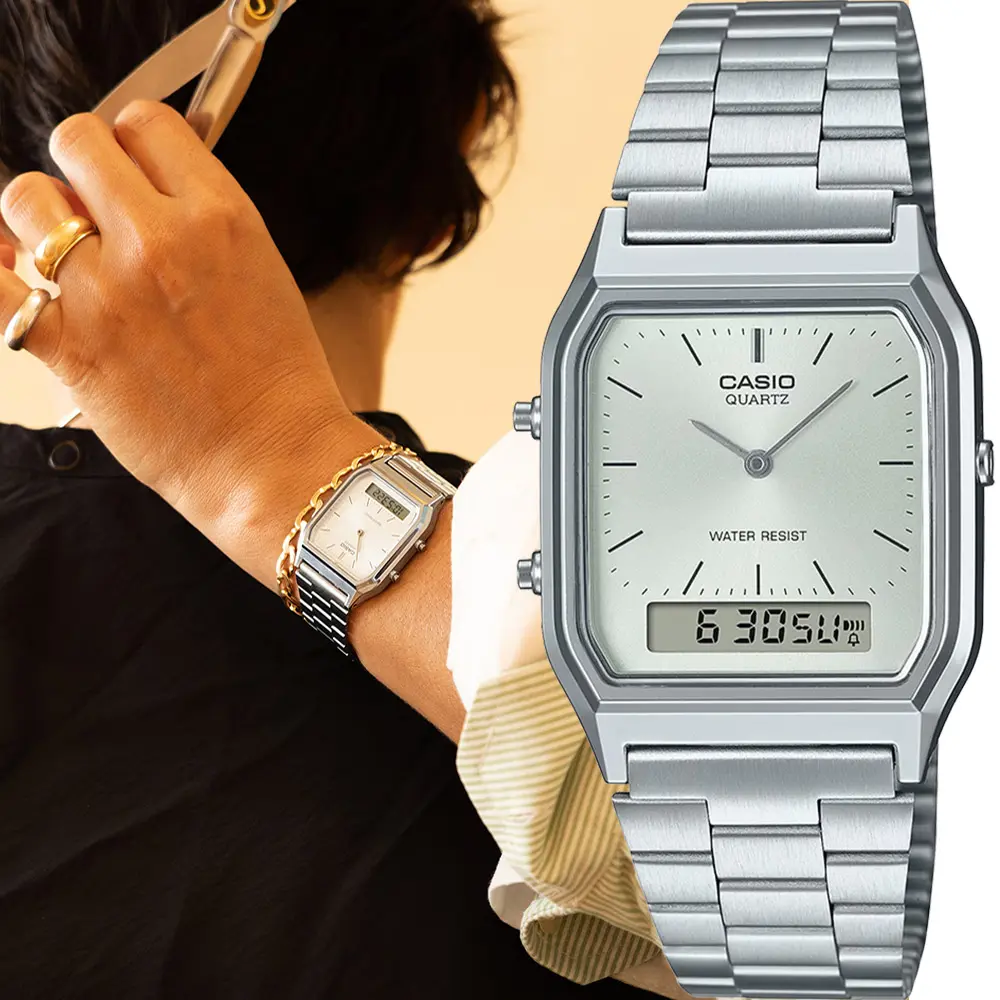 CASIO 卡西歐 學生錶 復刻方型雙顯電子指針手錶 不鏽鋼帶 送禮 禮物 推薦(AQ-230A-7AMQY)