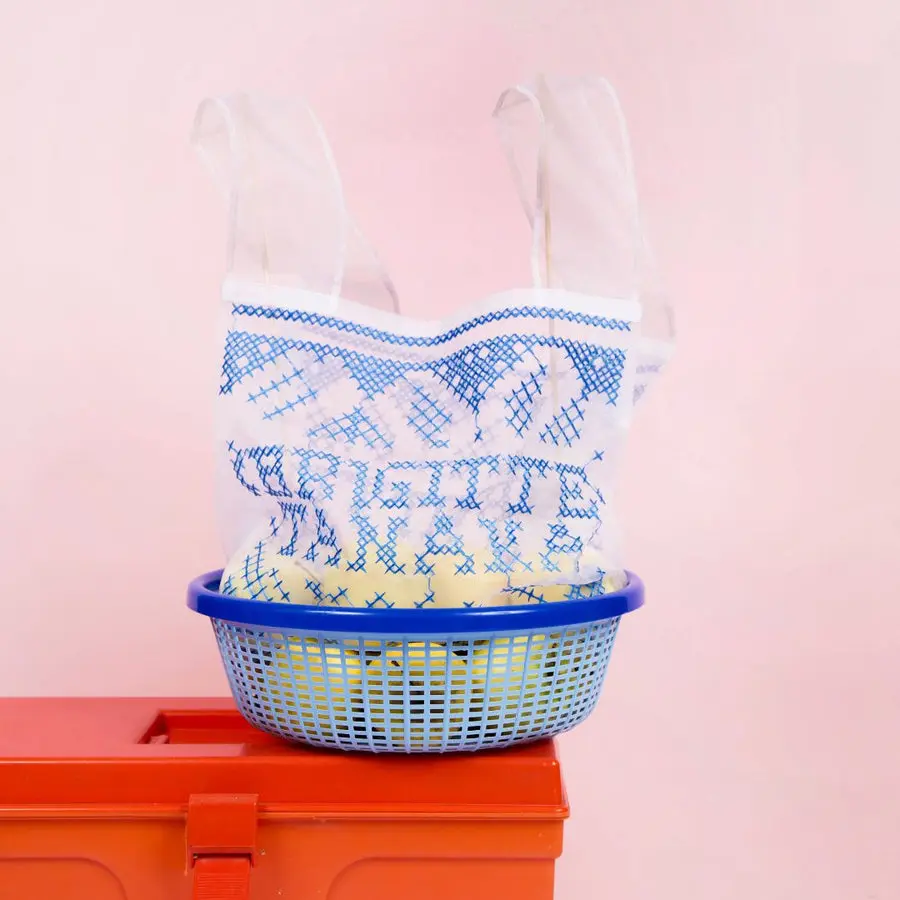 法國BRIGITTE TANAKA/ 歐根紗刺繡提袋/ 藍色十字繡