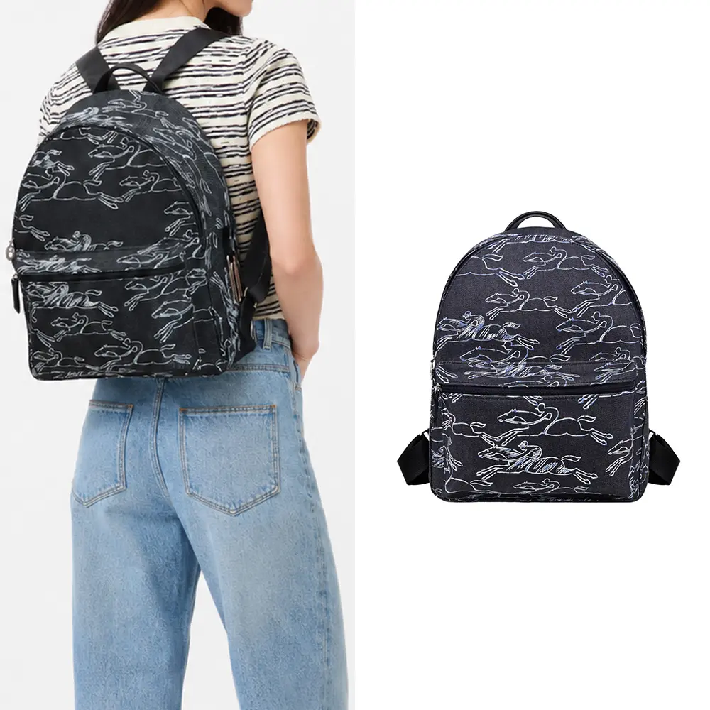 LONGCHAMP LE PLIAGE COLLECTION系列駿馬塗鴉丹寧布後背包(海軍藍)平行輸入
