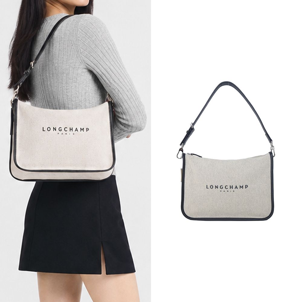 LONGCHAMP ESSENTIAL系列帆布LOGO字母肩背包(大/亞麻)/平行輸入