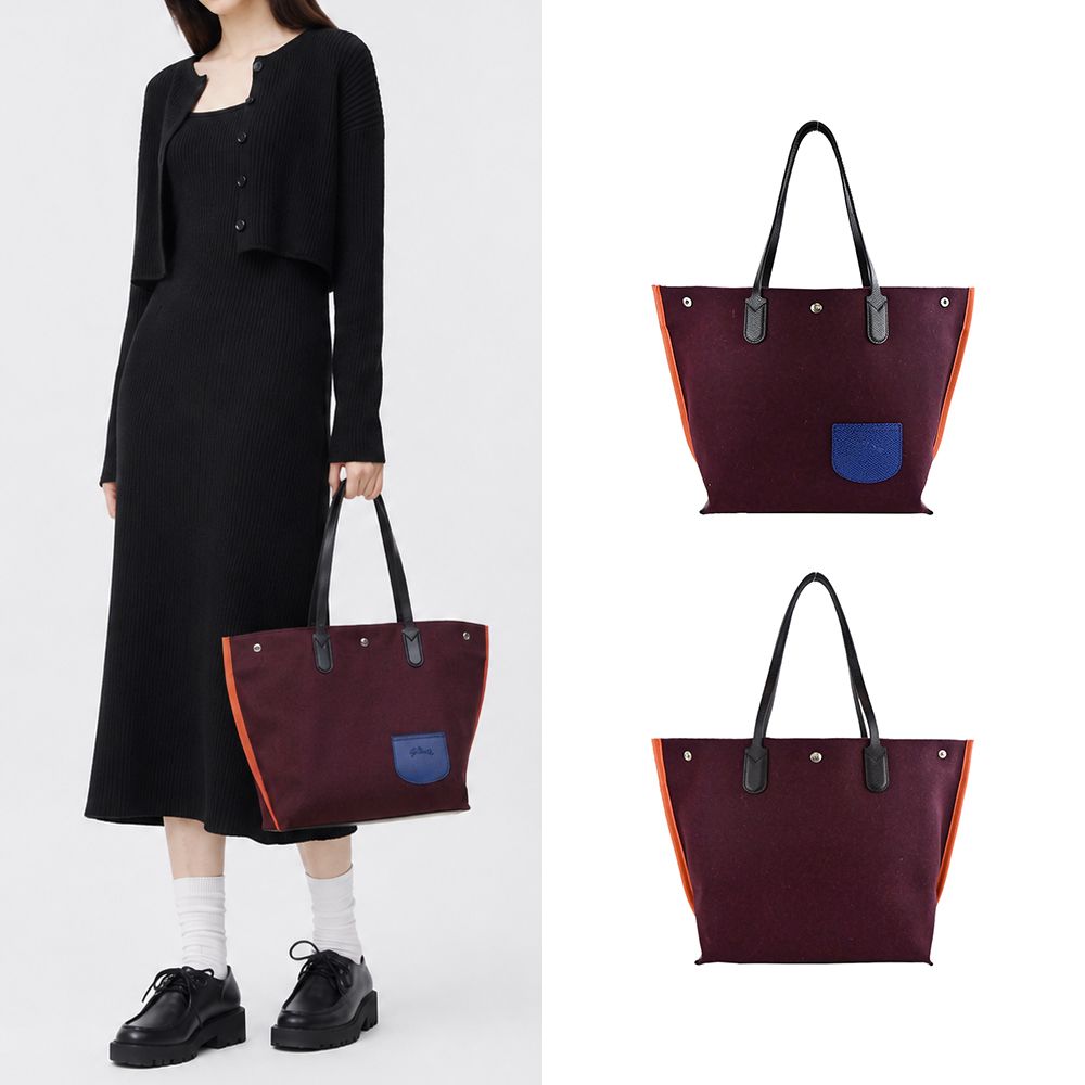 LONGCHAMP ESSENTIAL系列羊毛拼接帆布撞色前口袋肩背包(大/多色選)/平行輸入/ 酒紅