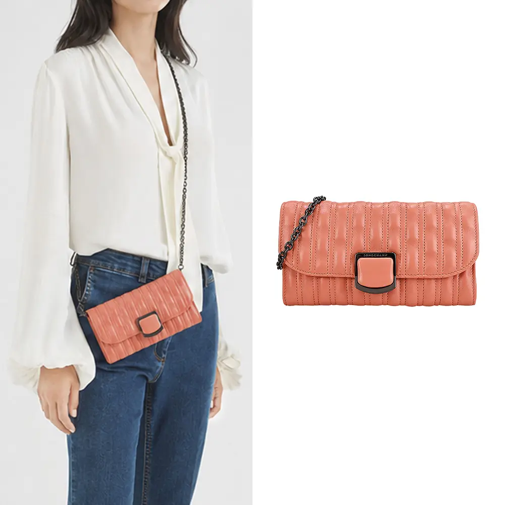 LONGCHAMP BRIOCHE系列小綿羊皮鍊帶夾式斜背包(腮紅橘)/平行輸入