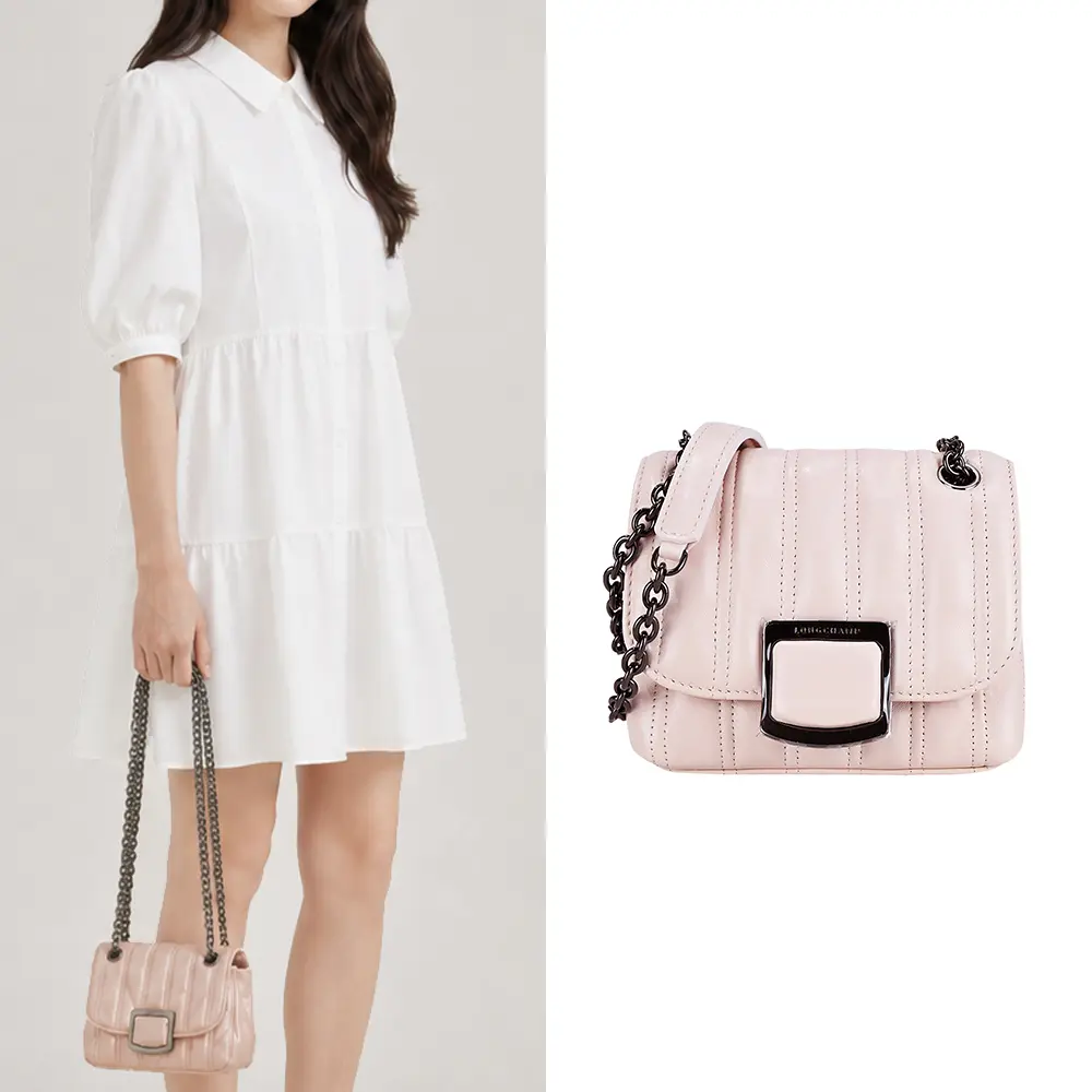 LONGCHAMP BRIOCHE系列小綿羊皮翻蓋鏈帶斜背包(迷你/淡粉)/平行輸入