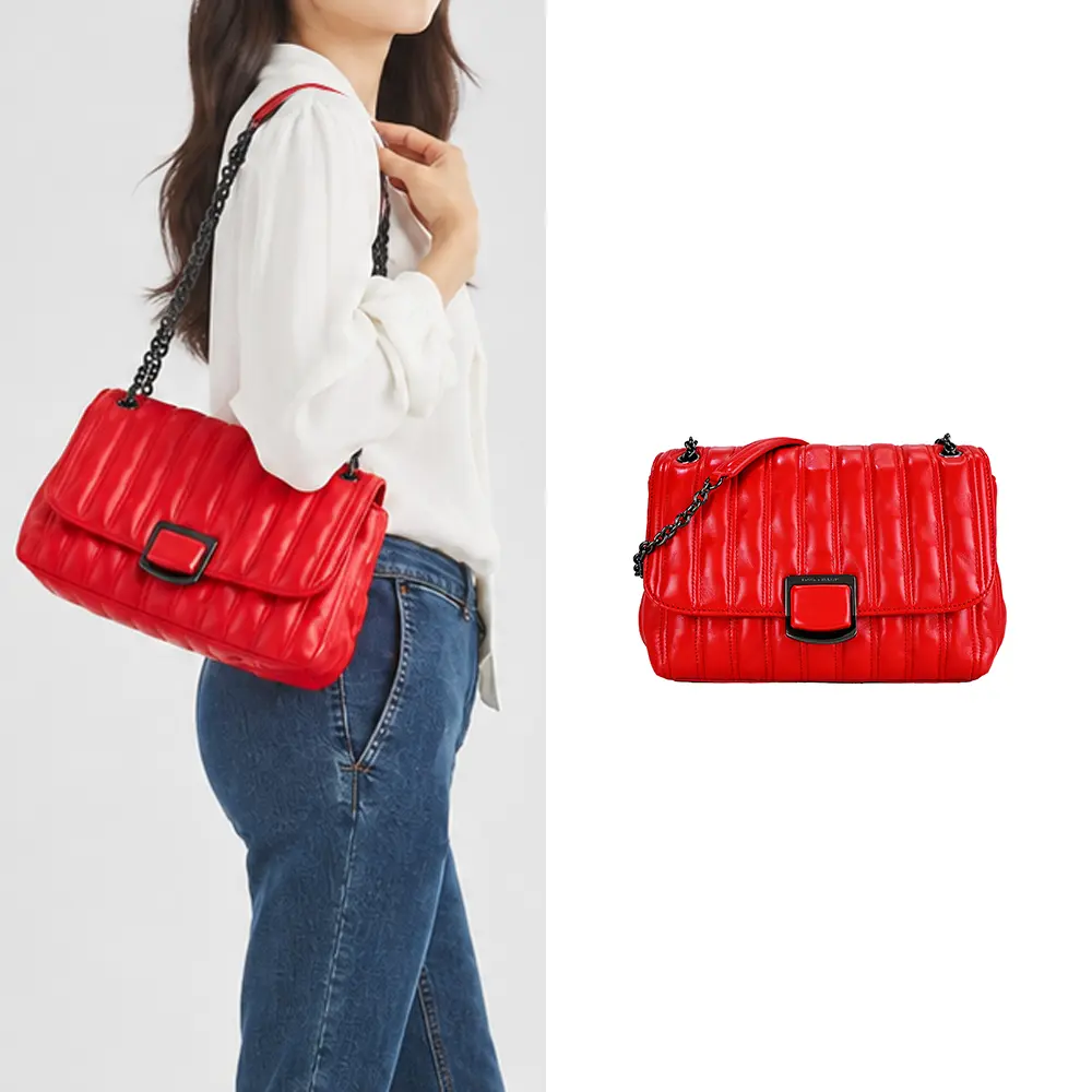 LONGCHAMP BRIOCHE系列小綿羊皮翻蓋鏈帶斜背包(中/紅)/平行輸入