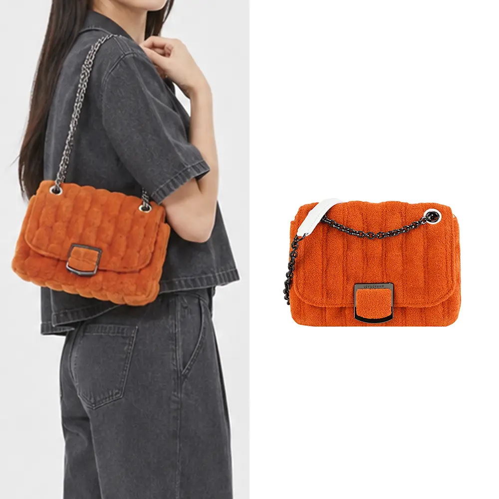 LONGCHAMP BRIOCHE EPONGE系列小綿羊皮拼接棉質帆布翻蓋鏈帶斜背包(小/柳橙)/平行輸入
