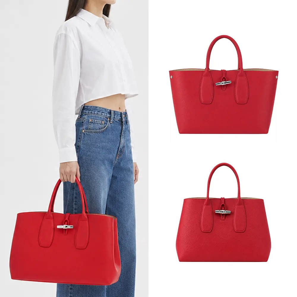 LONGCHAMP ROSEAU系列竹節卵石紋牛皮手提包(大/紅)/平行輸入
