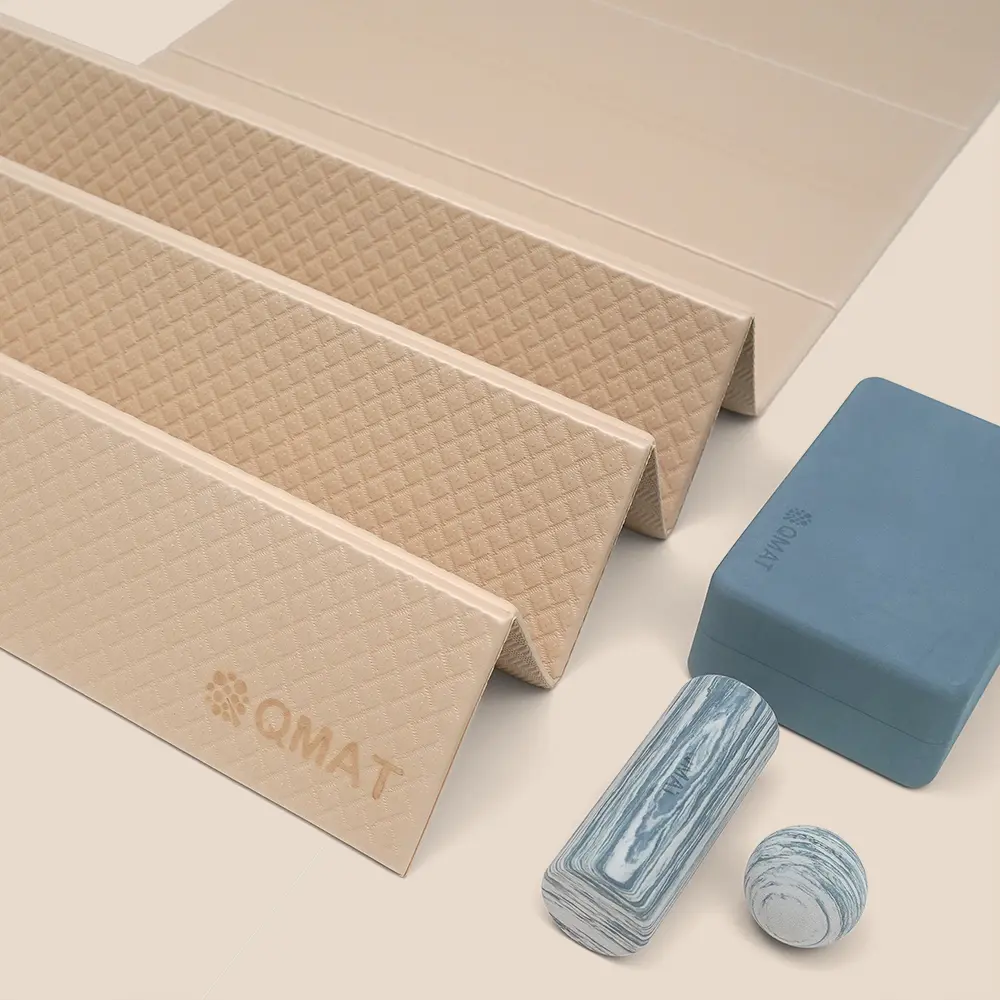 【QMAT】Y012奶茶藍色調/ 6mm折疊瑜珈墊(尼龍拉鍊袋)+50D瑜珈磚+MiNi柱組