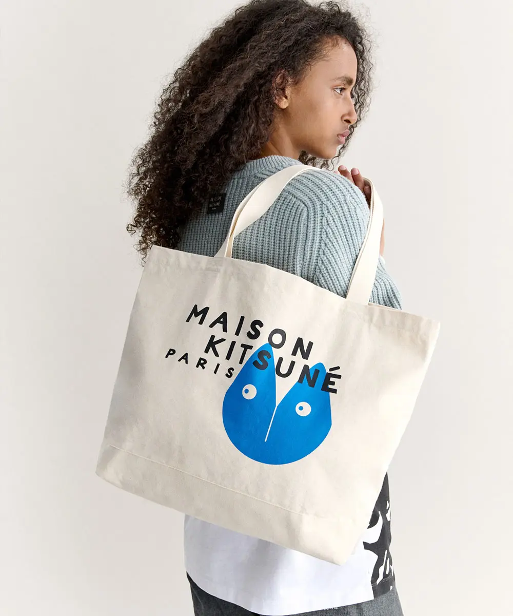 MAISON KITSUNÉ 復古象牙白幸運餅乾狐狸LOGO托特包