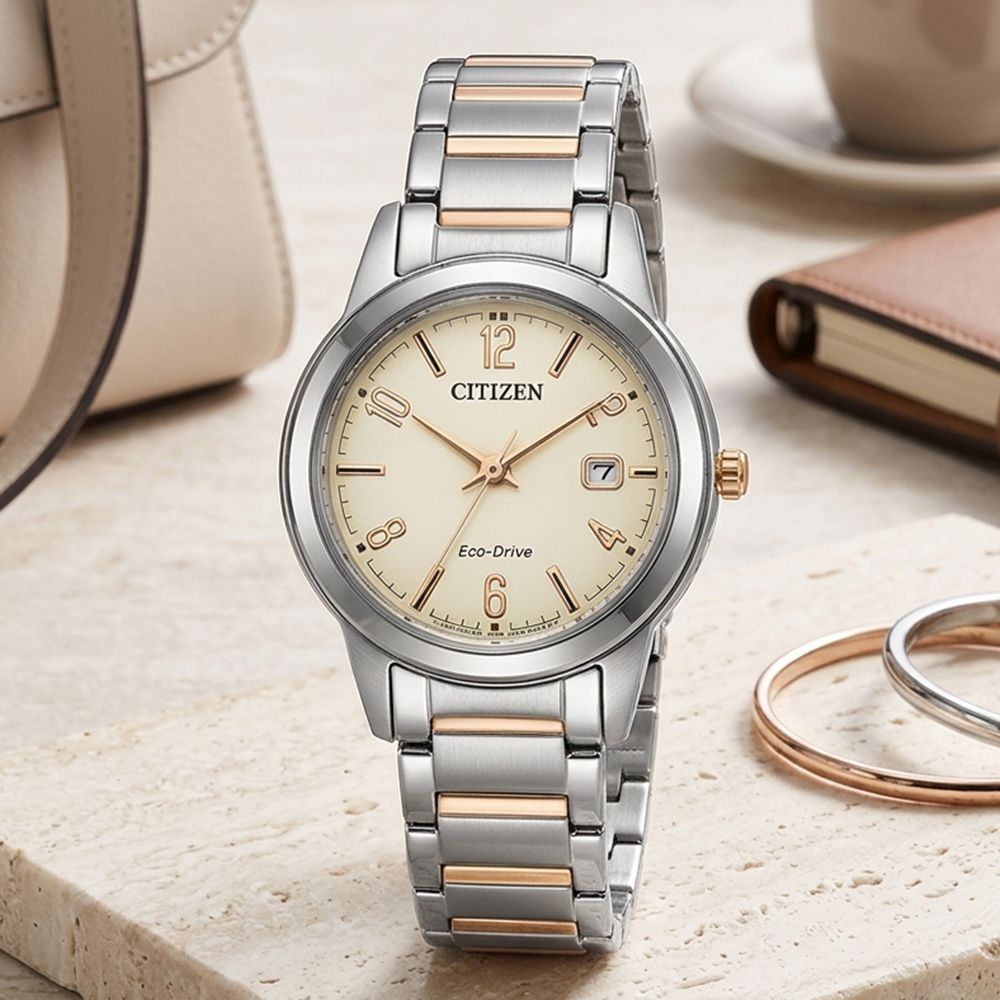 CITIZEN 星辰 簡約大三針光動能女錶-米x玫瑰金/29.4mm 開學禮 送禮 推薦(FE1244-72A)