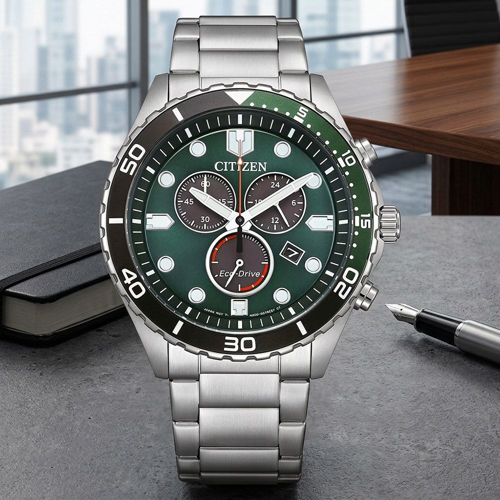 CITIZEN 星辰 Diver-Design 運動潛水風格 光動能三眼計時手錶-43mm 開學禮 送禮 推薦(AT2561-81X)