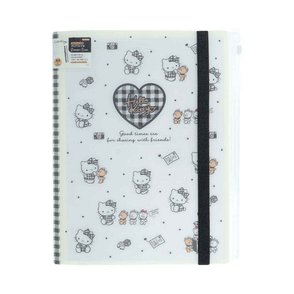 日本 sun-star 三麗鷗 Hello Kitty & Tiny Chum 五層透明資料夾/ A4/ 附綁書帶及夾鏈袋/ 黑