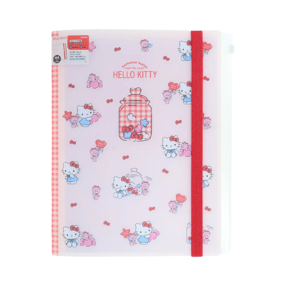 日本 sun-star 三麗鷗 Hello Kitty & Tiny Chum 五層透明資料夾/ A4/ 附綁書帶及夾鏈袋/ 紅