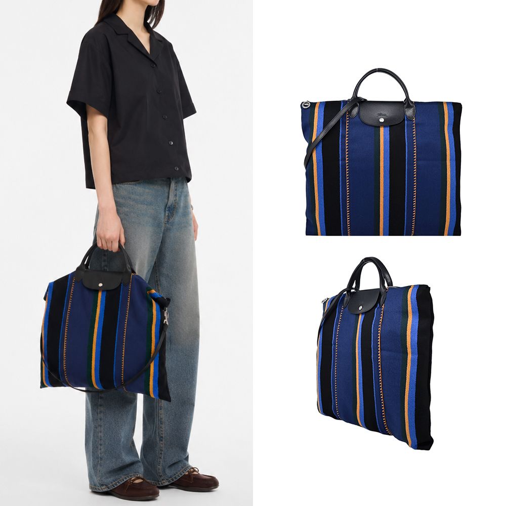 LONGCHAMP LE PLIAGE系列條紋帆布手提/肩背兩用包(特大/海軍藍)/平行輸入