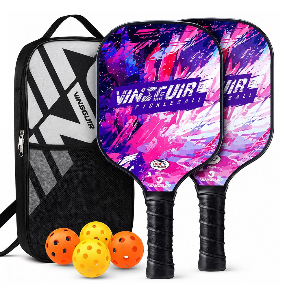 VINSGUIR 匹克球拍 玻璃纖維專業賽事級 Pickleball 匹克球 雙拍4球+收納袋 VG-03 匹克球拍組 流光紫