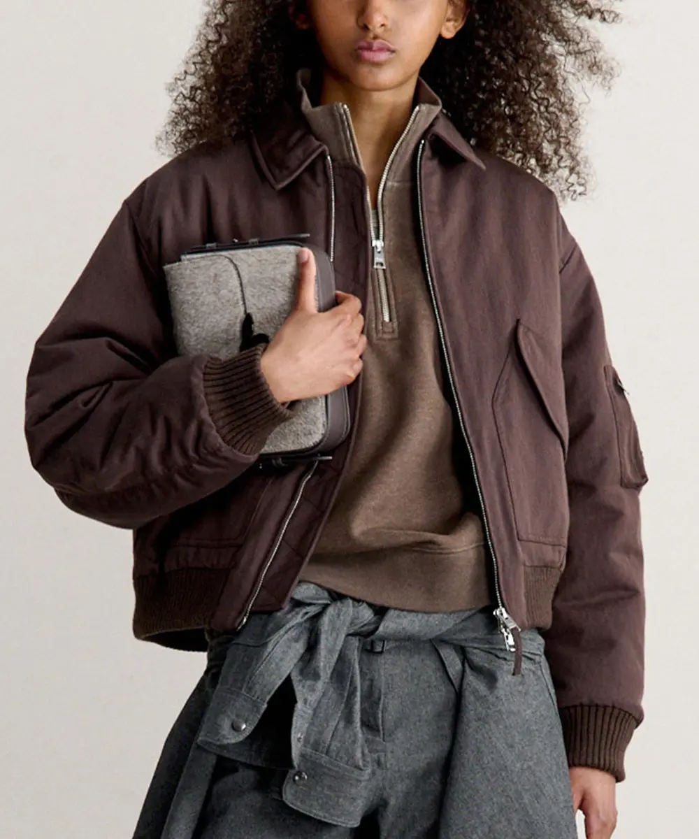 MAISON KITSUNÉ 法式咖啡棕暗影狐狸LOGO防潑水飛行員外套/女裝/ M