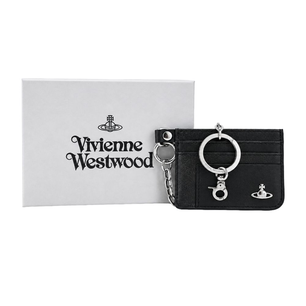 Vivienne Westwood 經典土星水洗皮革卡片夾/附掛鍊-黑/平行輸入
