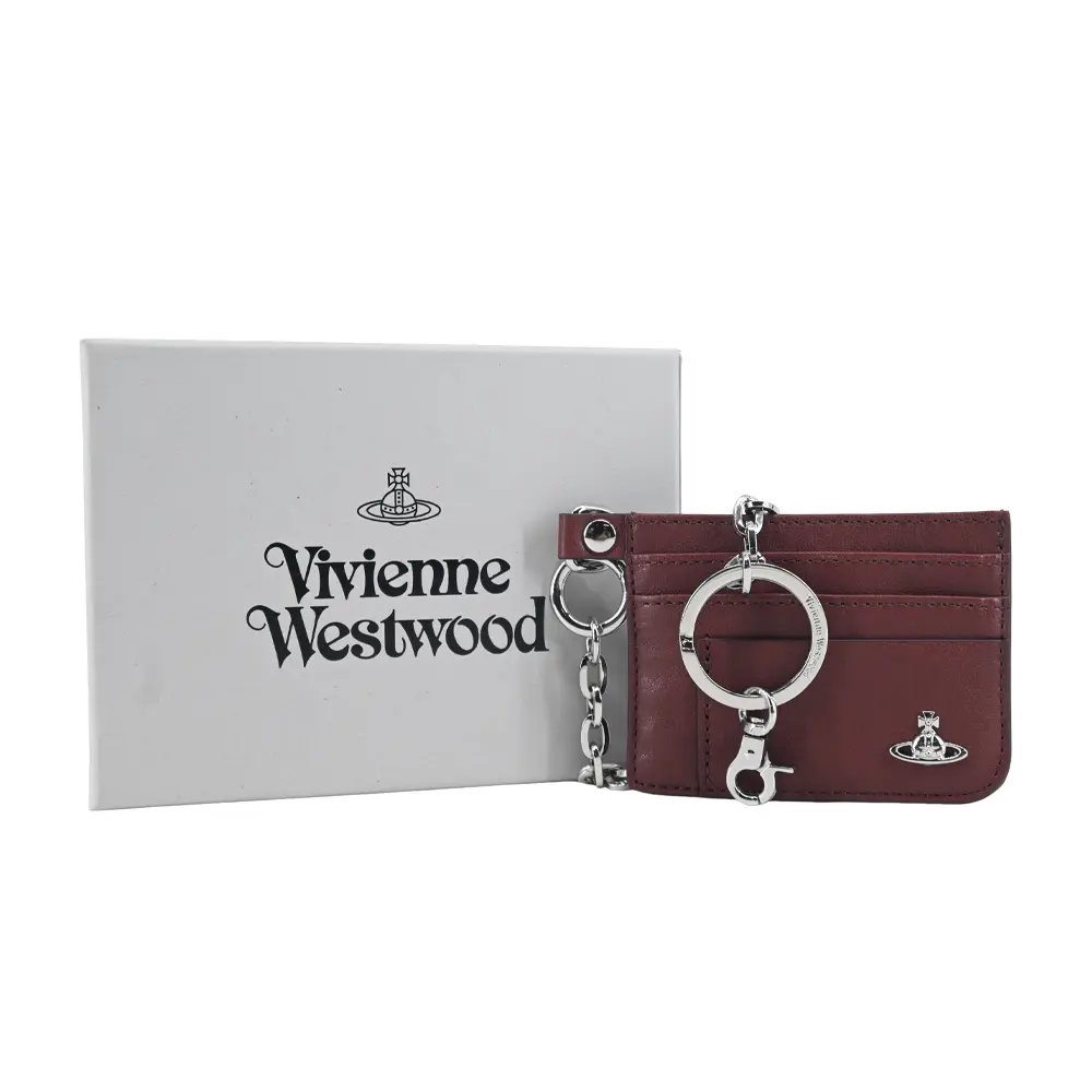 Vivienne Westwood 經典土星水洗皮革卡片夾/附掛鍊-咖/平行輸入