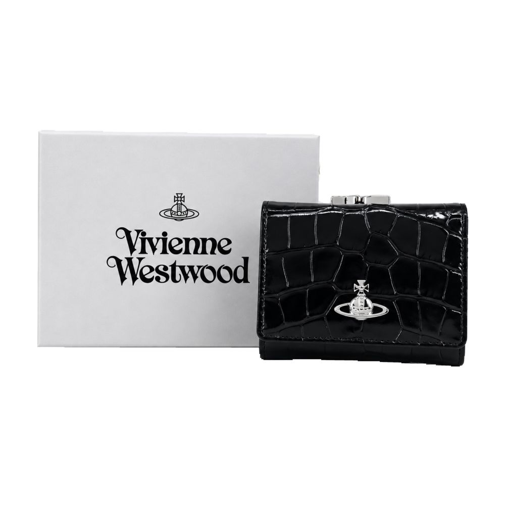 Vivienne Westwood 鱷魚紋皮革三折珠扣短夾-黑/平行輸入