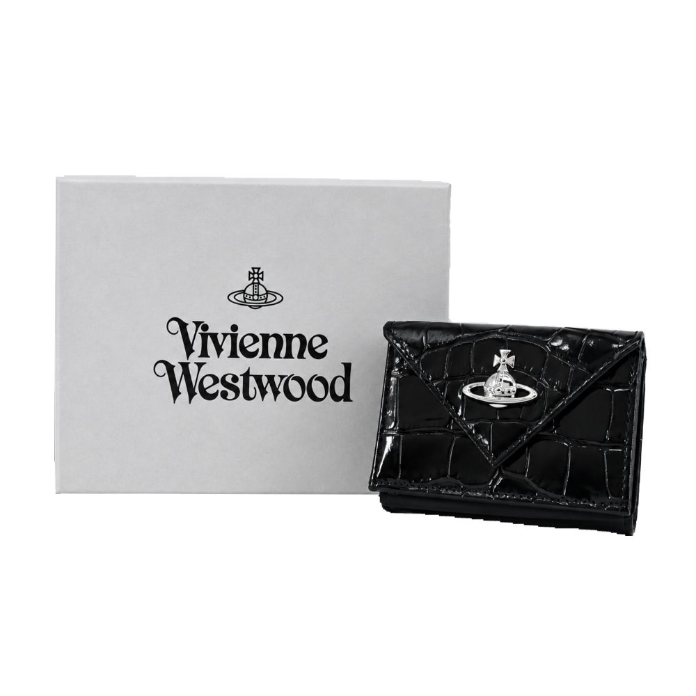Vivienne Westwood 鱷魚紋皮革信封式三折錢包-黑/平行輸入