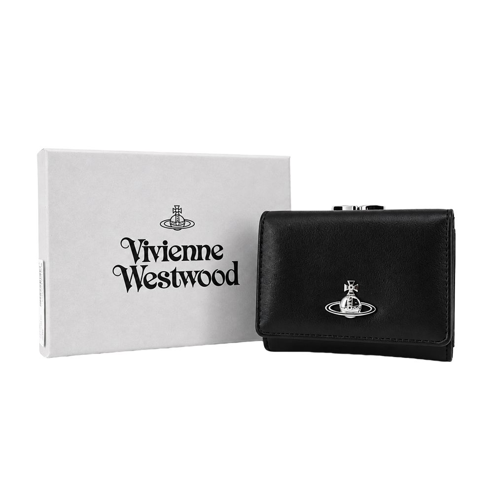Vivienne Westwood 光面皮革三折珠扣短夾-黑/平行輸入
