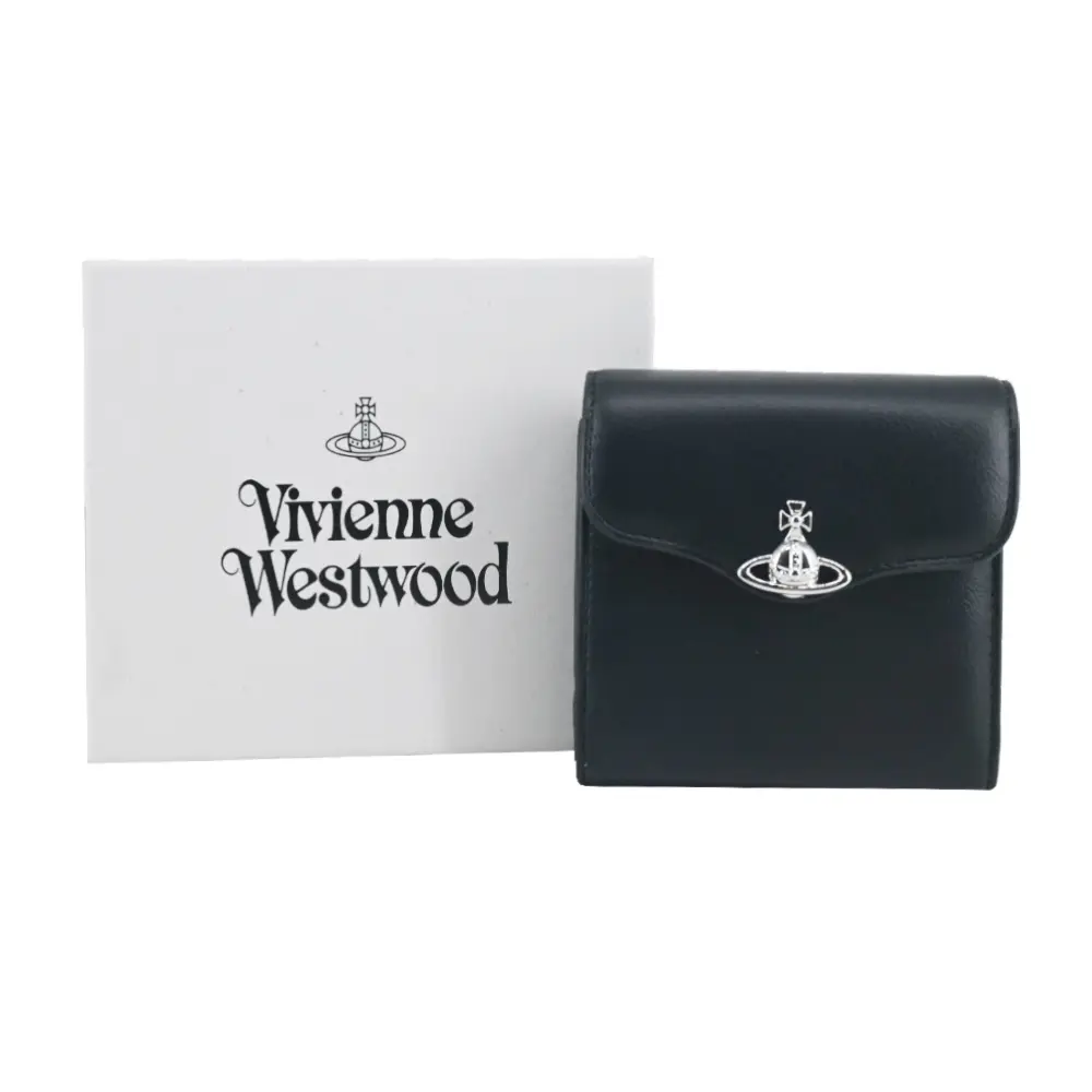 Vivienne Westwood Hunter 弧形翻蓋光面皮革三折短夾-黑/平行輸入