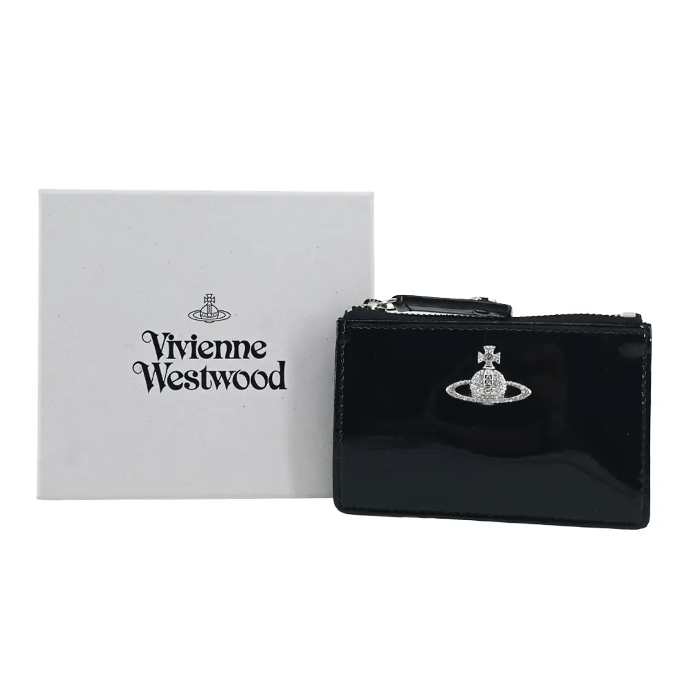Vivienne Westwood 鑲鑽土星漆皮面拉鍊卡片零錢夾-黑/平行輸入