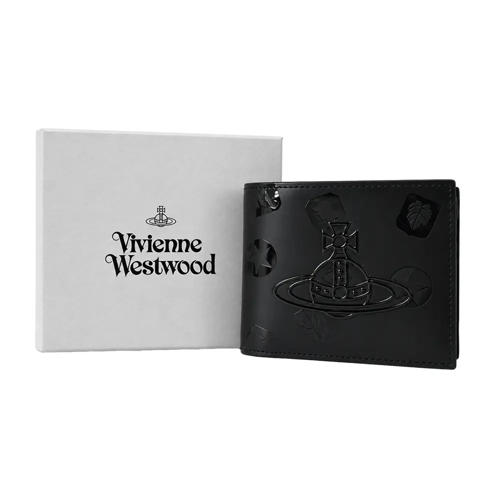 Vivienne Westwood 漆光土星logo皮革短夾/含零錢袋-黑/平行輸入