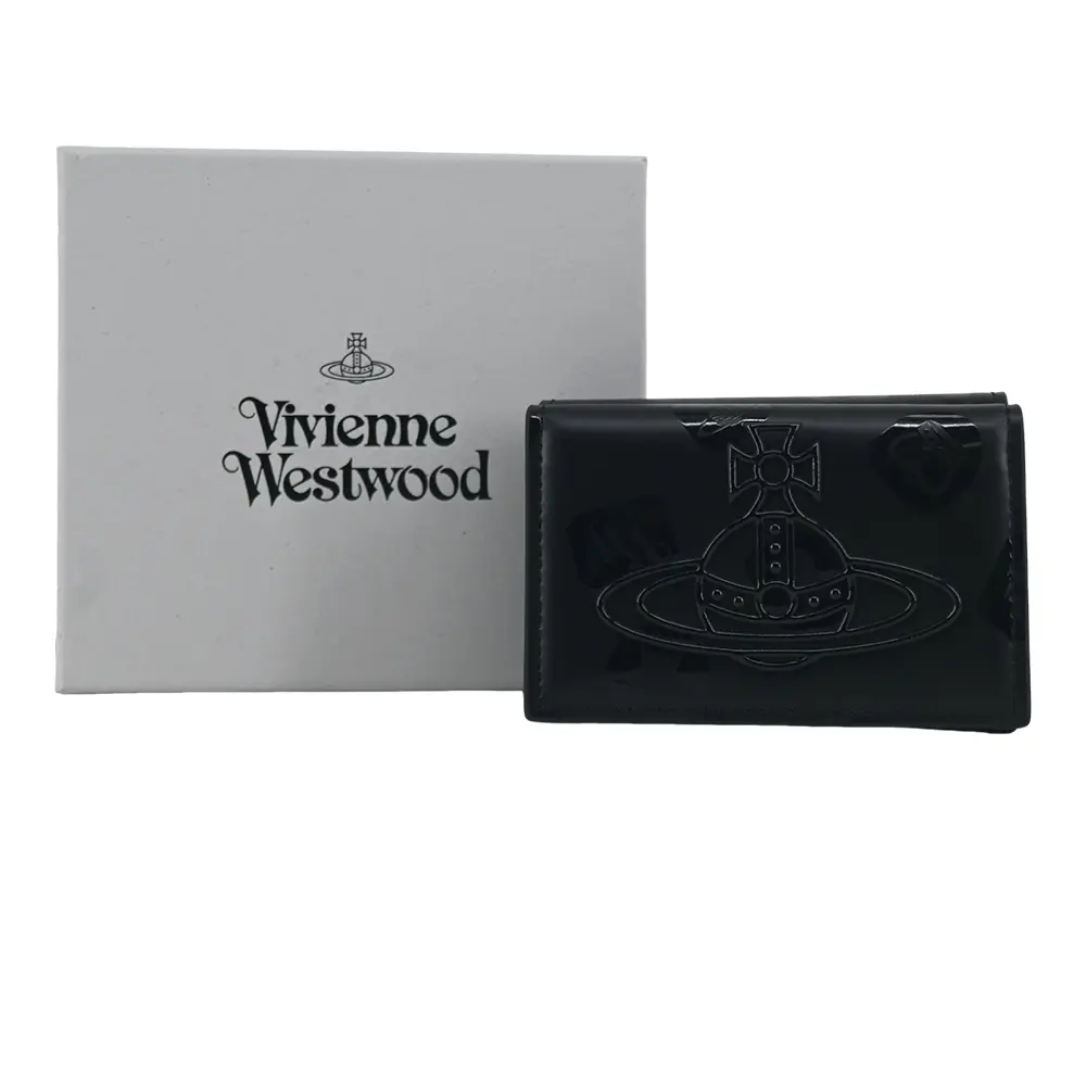 Vivienne Westwood 漆光土星logo皮革三折短夾-黑/平行輸入