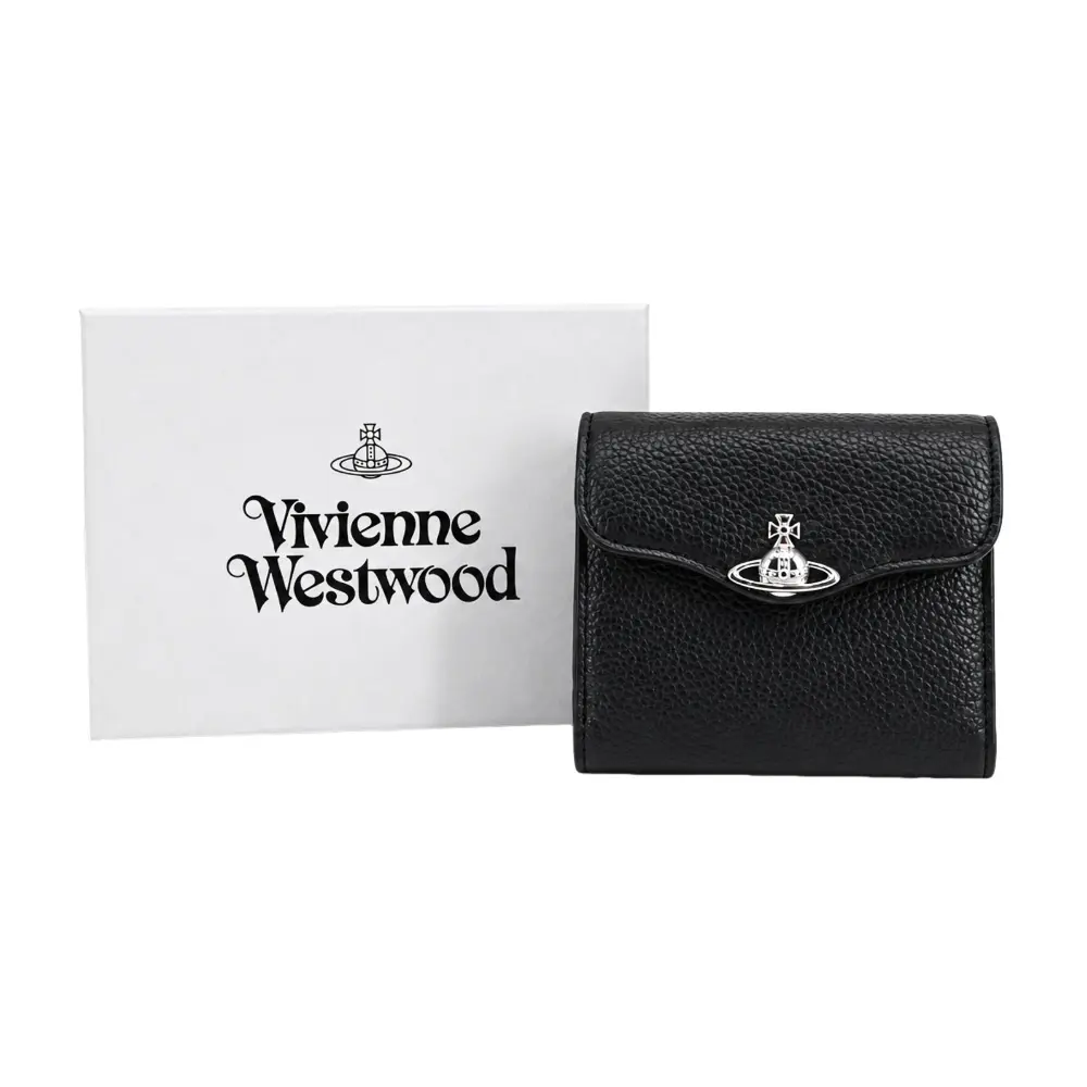Vivienne Westwood Hunter 弧形翻蓋荔枝皮革三折短夾-黑/平行輸入