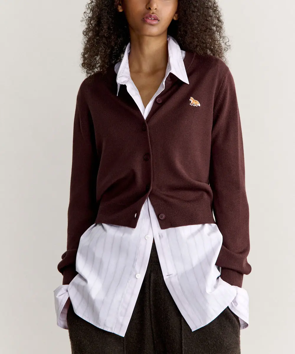 MAISON KITSUNÉ 法式咖啡棕小狐狸LOGO經典開襟針織衫/女裝/ M