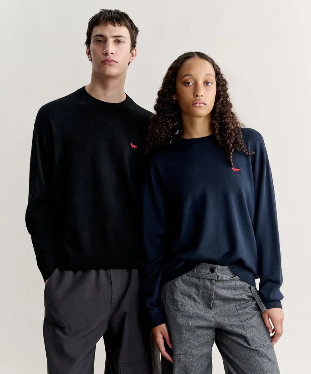 MAISON KITSUNÉ 經典海軍藍紅暗影狐狸LOGO舒適圓領毛衣/中性/ M