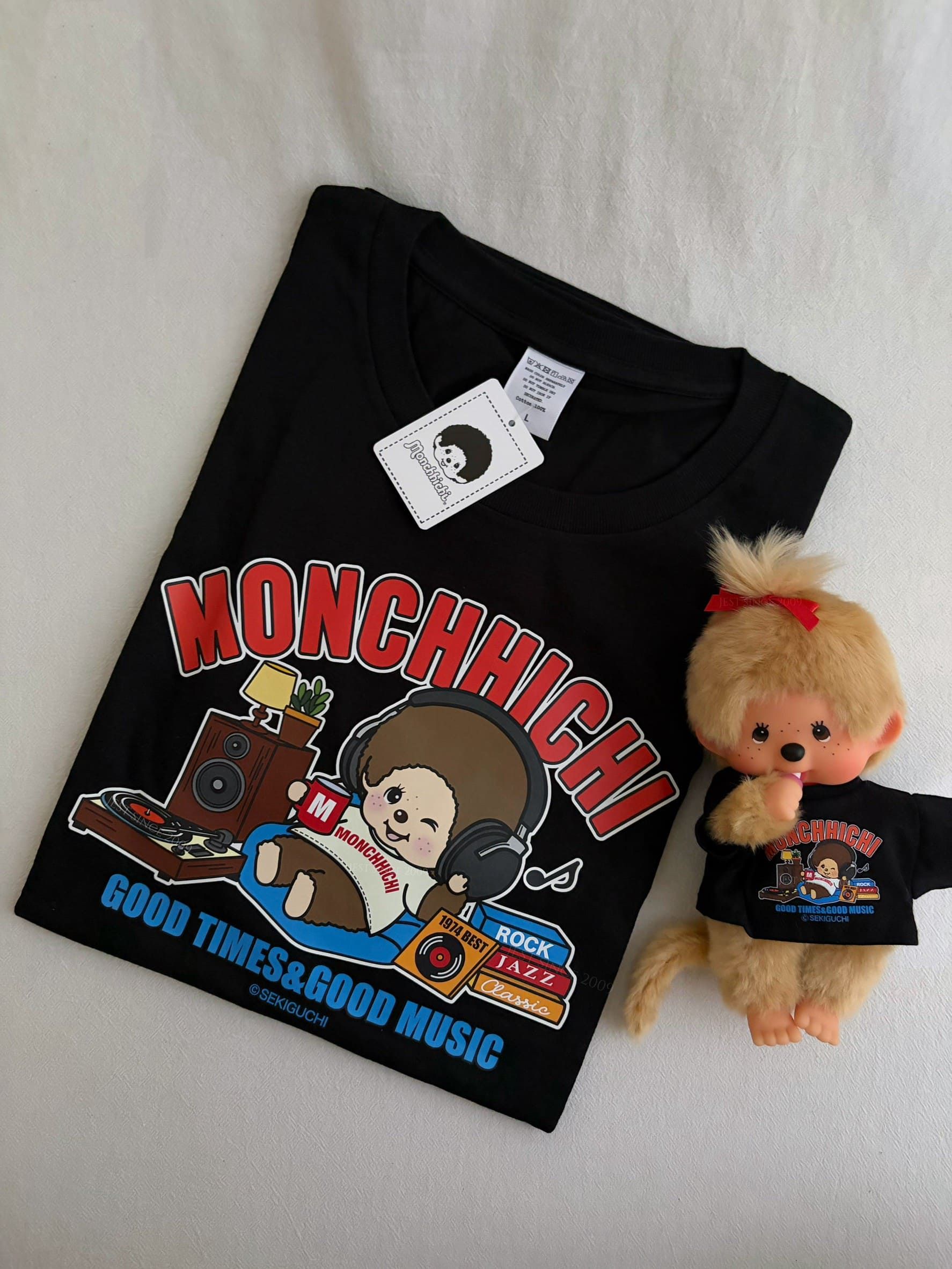 【現貨】日本 Monchhichi 超Q T-shirt 套裝(750657/黑/黑娃衣-shirt/尺寸L/娃衣適用尺寸S娃/蒙奇奇/平行輸入)