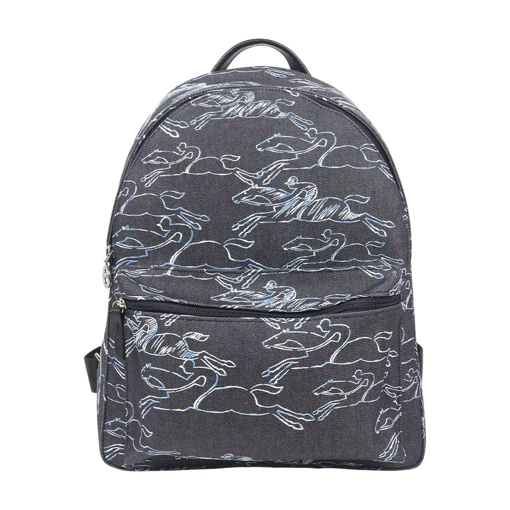 【LONGCHAMP】Le Pliage 滿版騎士圖案牛仔布後背包(深藍色)/ 平行輸入
