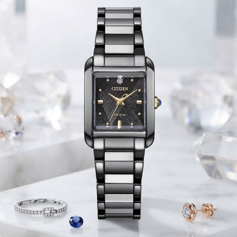 CITIZEN 星辰 LIGHT in BLACK 闇影之光 光動能50週年限量 典雅方形鑽石女錶 錶 生日禮 送禮(EW5636-55E)