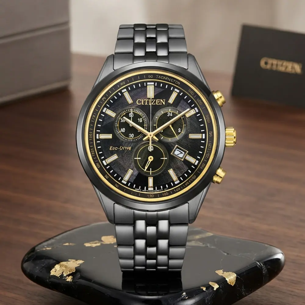 CITIZEN 星辰 LIGHT in BLACK 闇影之光 光動能50週年限量 三眼計時手錶 錶 生日禮 送禮(AT2576-68E)