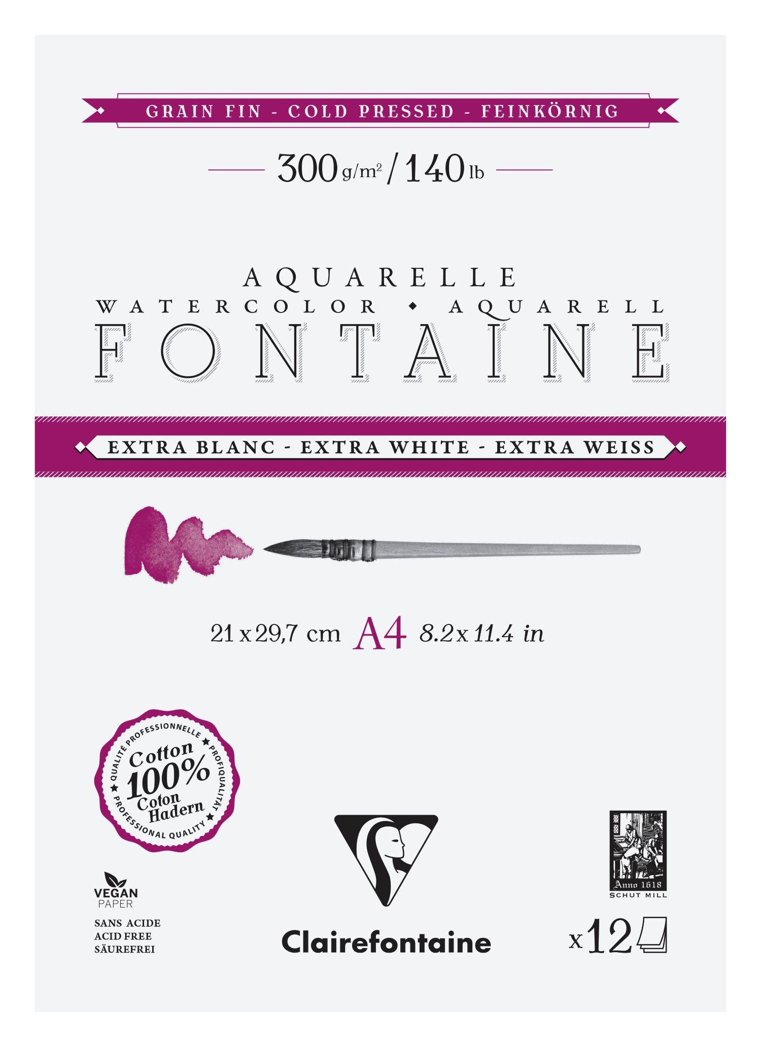 法國 Clairefontaine Fontaine Extra White雙側黏膠可撕式冷壓水彩畫紙冊/ A4/ 300g/ 12頁