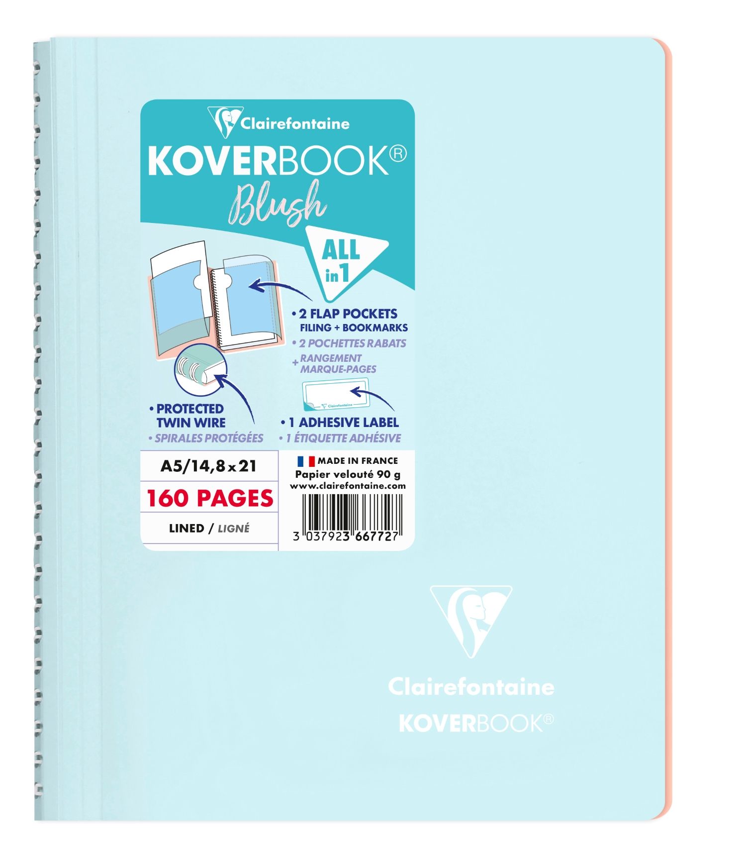 法國 Clairefontaine Koverbook BLUSH 雙色不透明防潑水軟殼線圈筆記本/ 橫線/ A5/ 160頁/ 冰山藍 & 珊瑚橘
